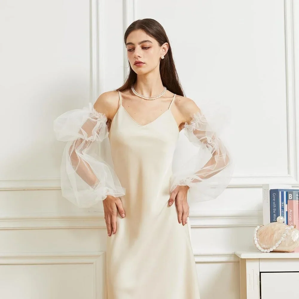 Women's White 2 Satin Tulle  Ruffled Puff Long Gloves Banquet Wedding Party